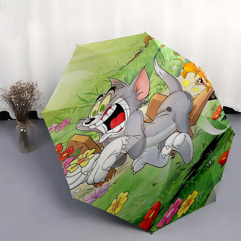 1pc Tom and Jerry Automatic Folding Umbrella - Compact 8-Rib Design, Durable Plastic & Iron1272L