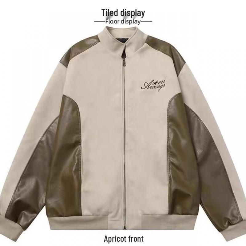 

BOROI Ретро Уличная Одежда Замшевая Куртка-Пэчворк из ПУ Кожи для Мужчин и Женщин XL коричневый