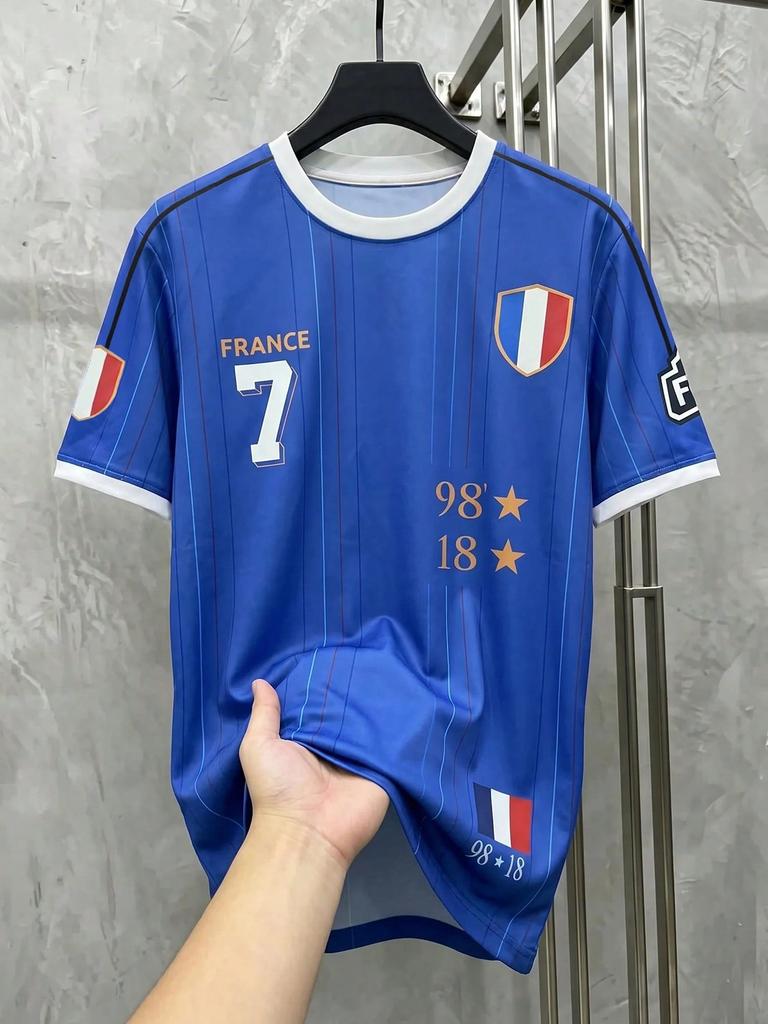 Frankreich Nationalmannschaft #7 Trikot Retro Blau Fußball T-Shirt, Gestreiftes Vintage Fußball Fan Top, 98 18 Sterne Edition, Y2K Streetwear