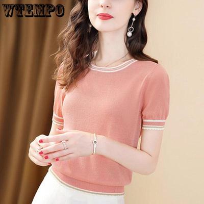 Summer Women's Ice Silk T-shirt Short Sleeve Loose and Versatile Round Neck Knitted Shirt Thin Top