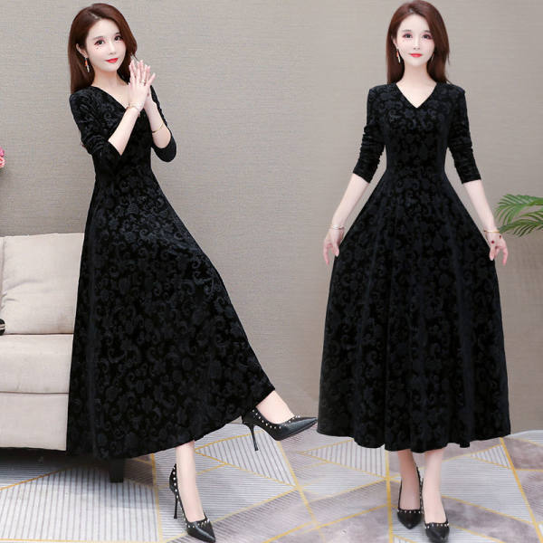 New Women's Fashion Autumn Winter Long Sleeve Elegant One Piece Solid Color Velvet Dress