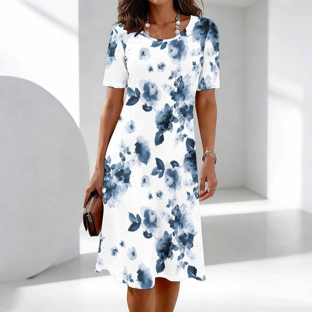 Women's Fashion Graceful Beautiful Maple Leaves and Flowers Colorful Flowers and Small Grass Print Summer Spring Short Sleeve O-Neck Casual Dresses