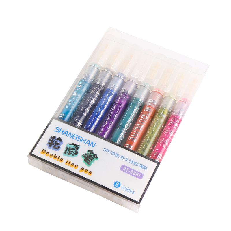 Children's Dual-Line Outline Highlighter Pen Set - 8 or 12 Colors for Drawing and Journaling