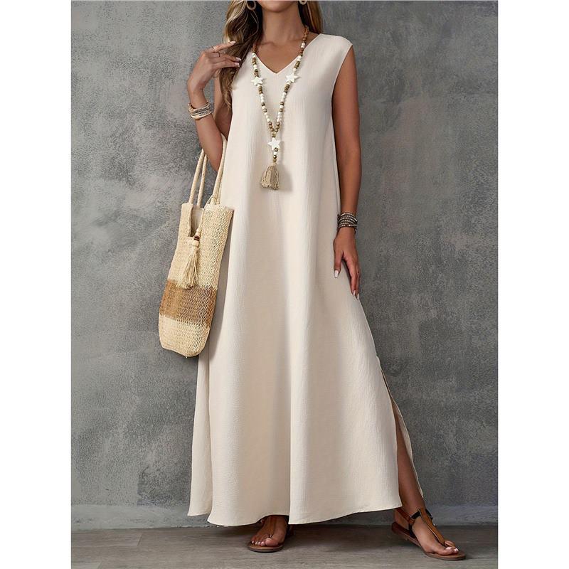 2025 Summer Sleeveless V-neck Maxi Dress - European & American Style, Elegant Long Dress with Side Slit for Women