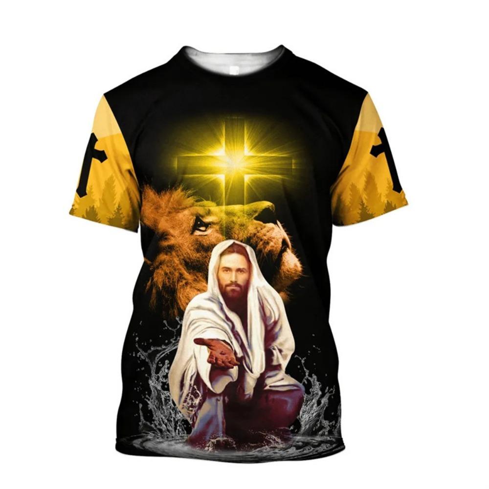Christian Jesus Pattern T-Shirt Men Religious Believe 3D Printed T Shirts Unisex Short Sleeve Fashion Casual Streetwear Tee Top