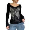 Women Trendy T-Shirt, Rhinestones Scoop Neck Long Sleeve Regular Fit Casual Tops Streetwear for Females, Black