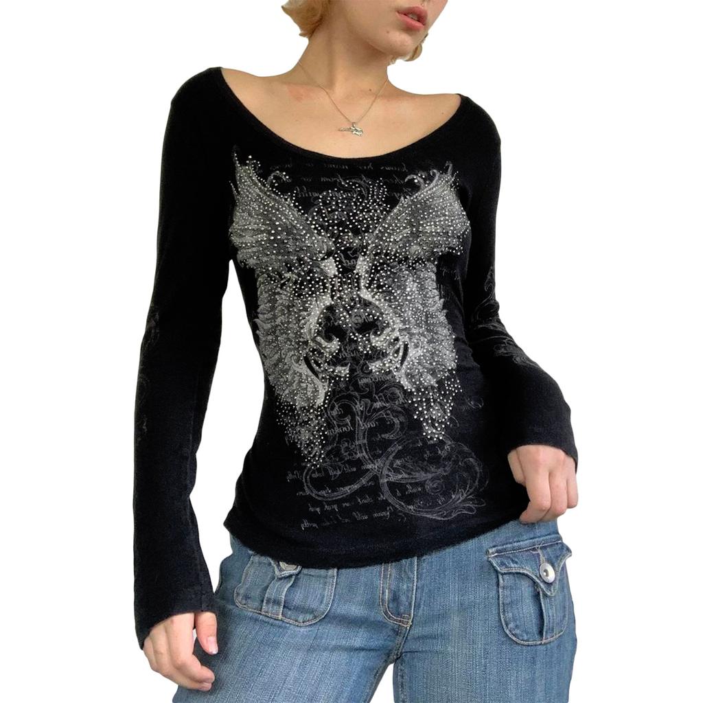 Women Trendy T-Shirt, Rhinestones Scoop Neck Long Sleeve Regular Fit Casual Tops Streetwear for Females, Black