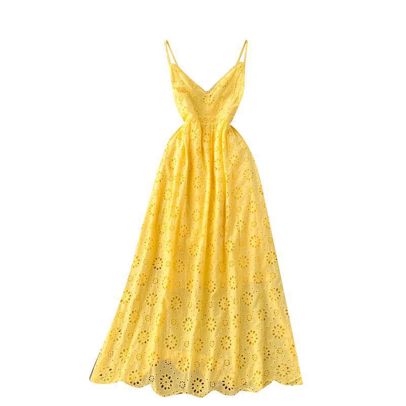 Hollow Floral Sexy Neck Backless Halter Dress Women's Holiday Style Long Dress