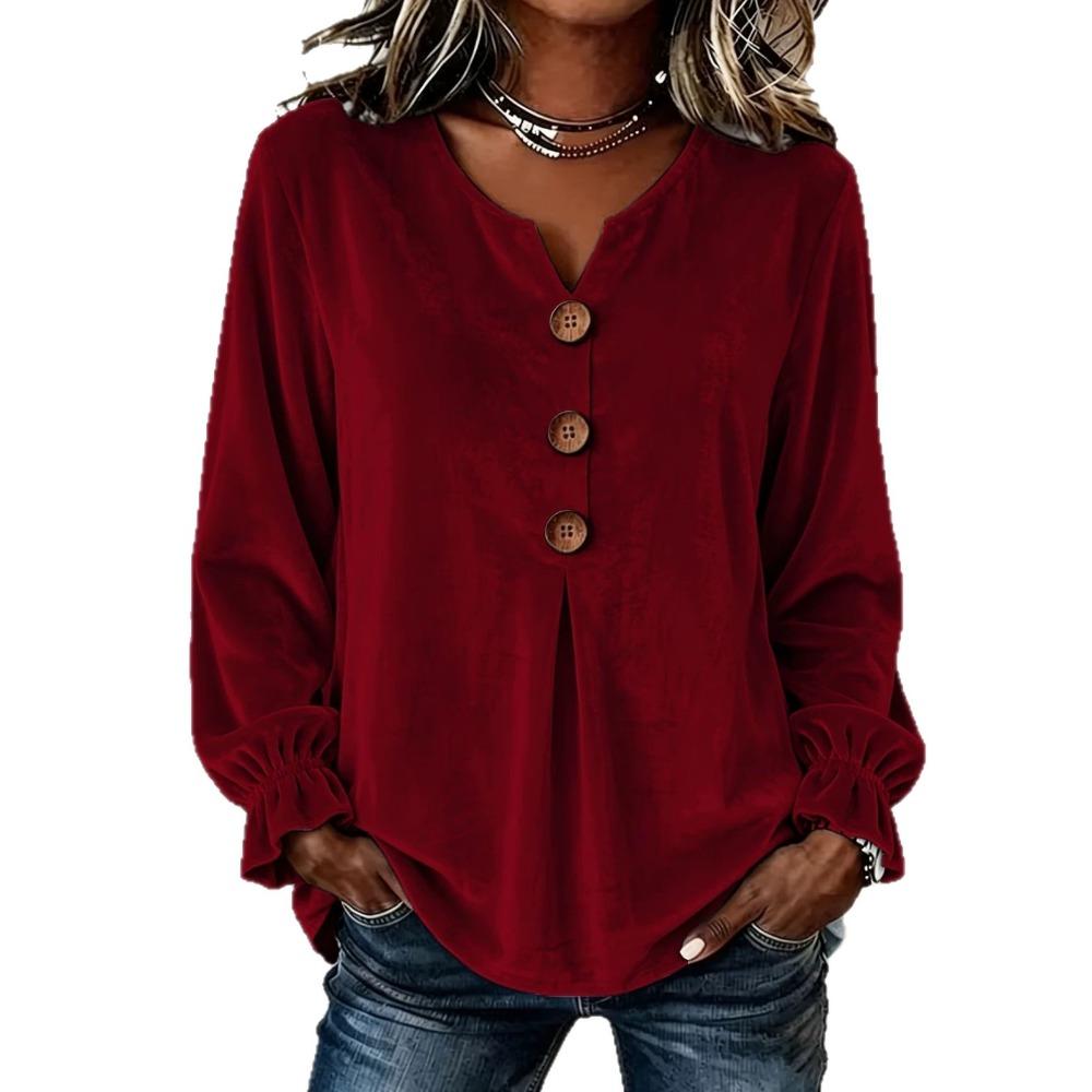 Fashion Velvet Long Sleeve Shirt, V Neck Button Down Blouse for Women