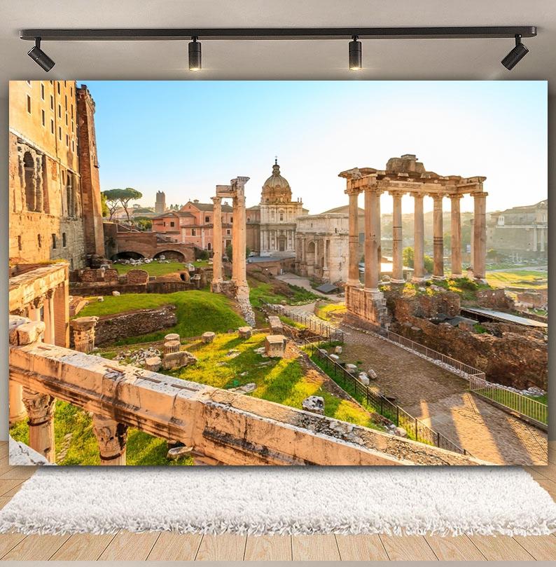 Ancient Roman Architecture Dusk Scenery Banner Background, Western Desert Cactus, Birthday Party Decoration Photography Backdrop860