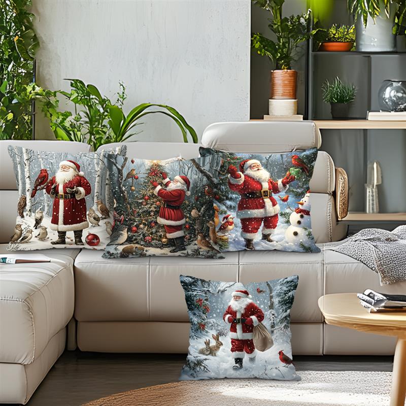 Home Decor Santa And Winter Wildlife Christmas Pillow Pattern Cushion Cover Suitable For Sofa Bedroom Car Pillow Cover