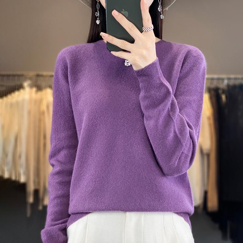 Women's 100% Wool Round Neck Sweater – Casual, Loose Knitwear, Minimalist Base Layer