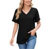 Women's Fashion Color V-neck Short Sleeved Loose Fitting Pullover T-shirt Top