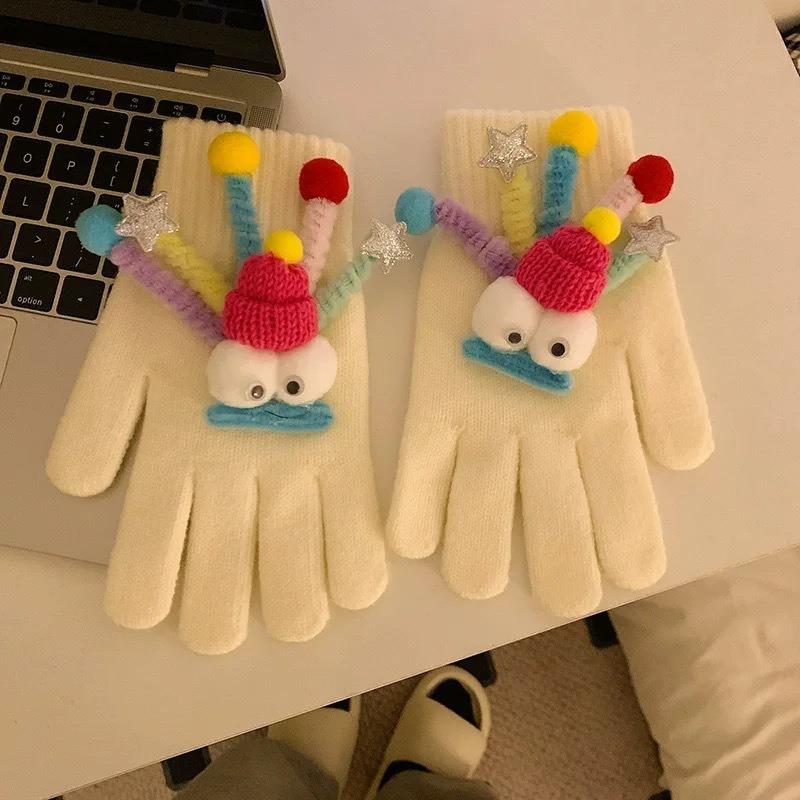 Cute Funny Gloves Women Winter Warm Five Fingers Electric Vehicle Riding Gloves Students Cold Plush