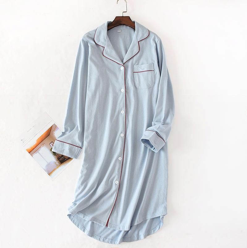 Spring Summer Women's Long Knit Cotton Sleep Tops Women Cardigan Long Sleeve Nightgowns Solid Lapel Sleepwear Nighty for Ladies Home Clothes