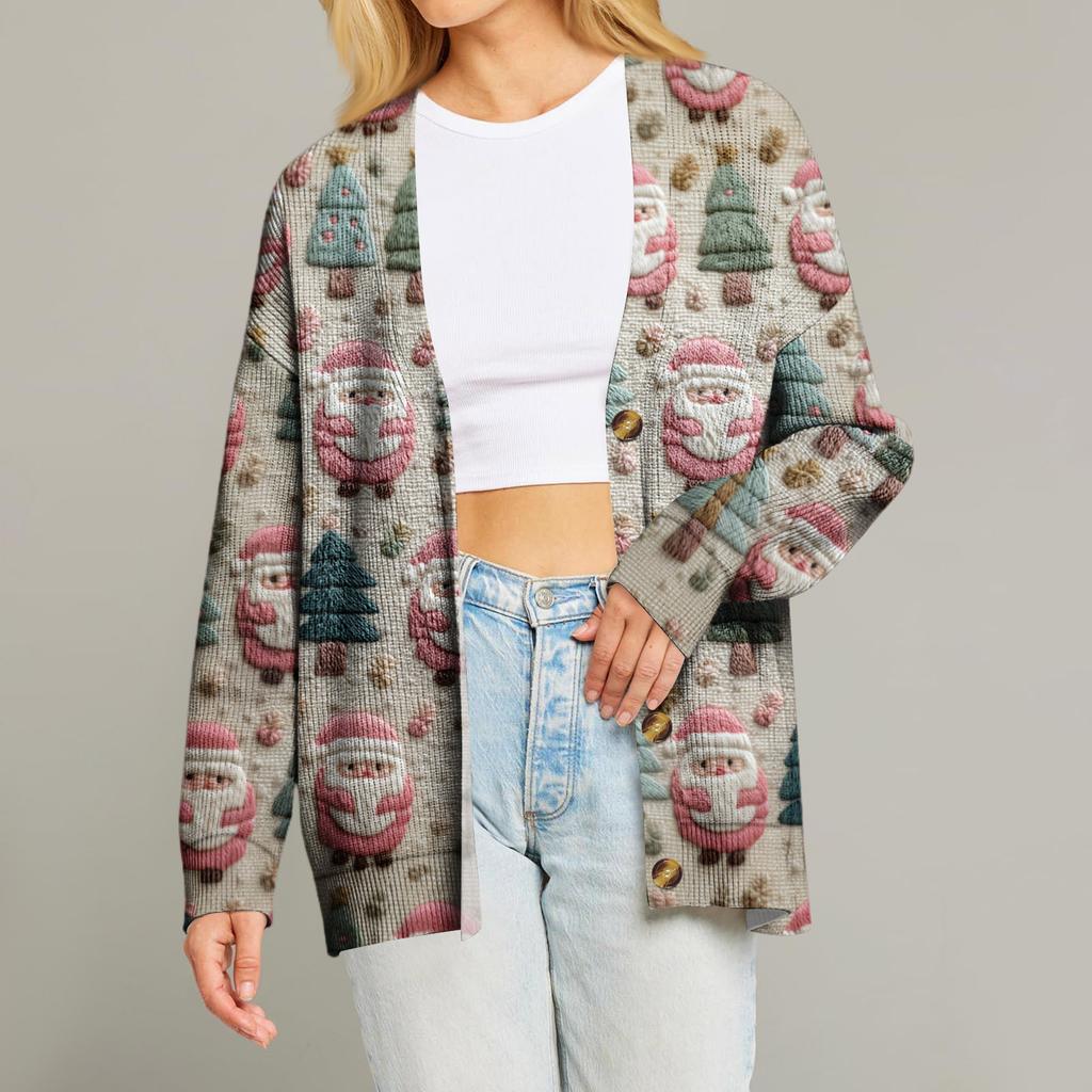 Women's Fashion Long Sleeve Print V-Neck Button Loose Cardigan Top