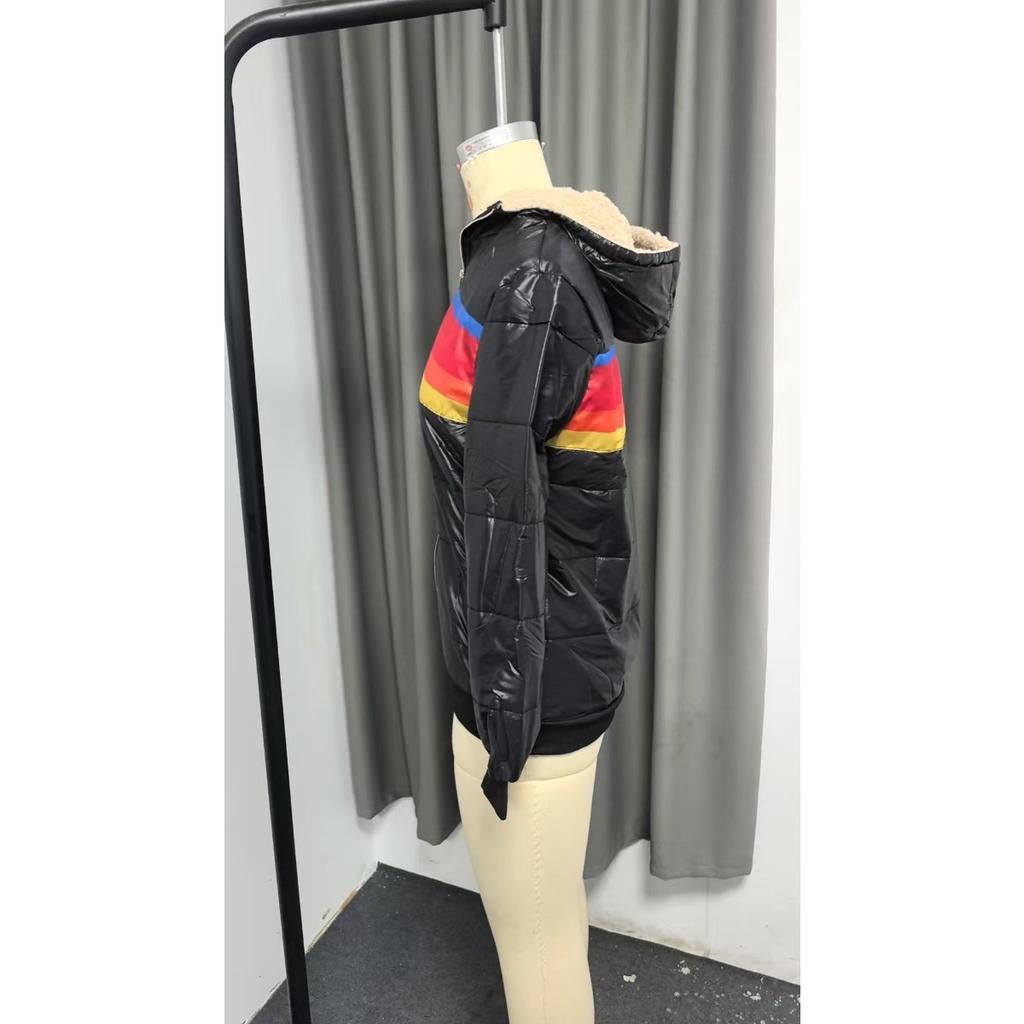 New Women's Casual Cropped Printed Hooded Padded Jacket, Fall Winter Color Block Cotton Parka For Women
