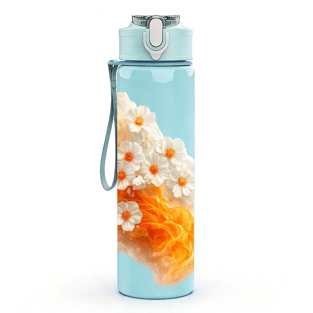 1PC Orange Tulip Flower Watercolor Print 750ml Color Plastic Sports Water Bottle Leakproof Flip Straw Lid Suitable for Sports Office Home Use