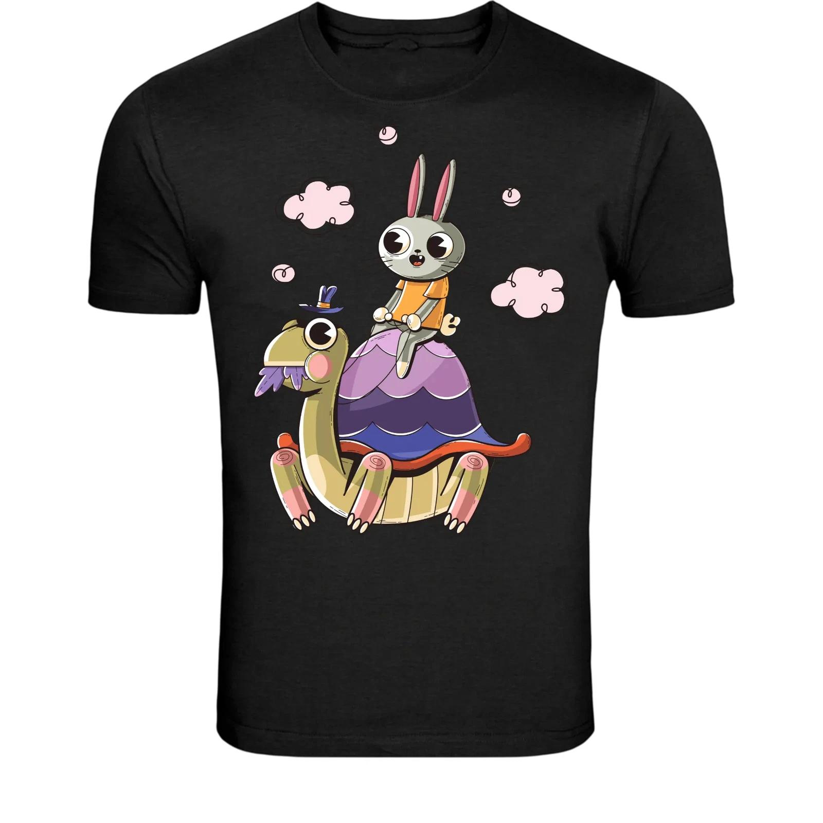 Cute Bunny Riding Turtle T-Shirt - Funny Animal Cartoon Graphic S