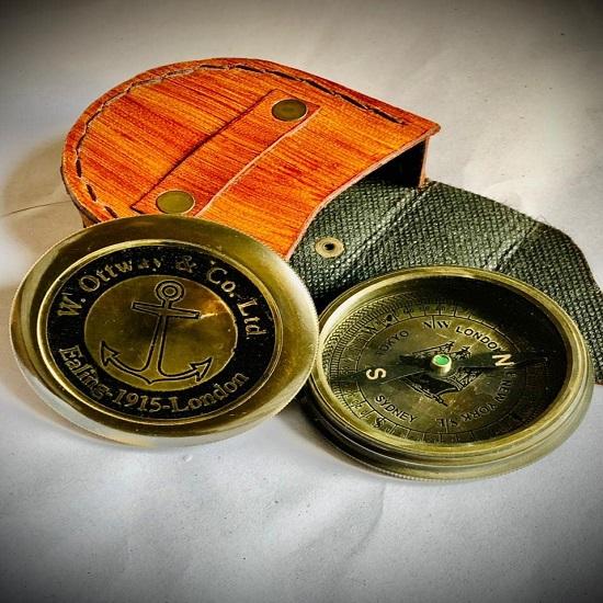 Brass Compass W.ottway.co.Ltd with Antique Leather Case, Trekking, Hiking, Traveling Camping Compass, Graduation Gifts