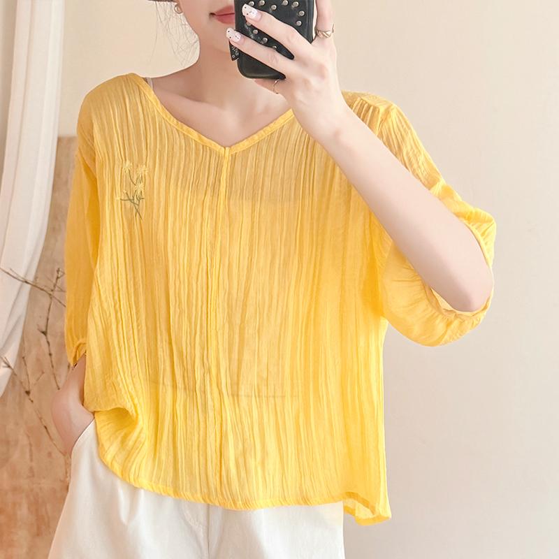 DIMANAF 2026 Summer New Plus Size Women Blouse Shirt Vintage Embroidery Loose Cotton Linen Casual Lady Tops