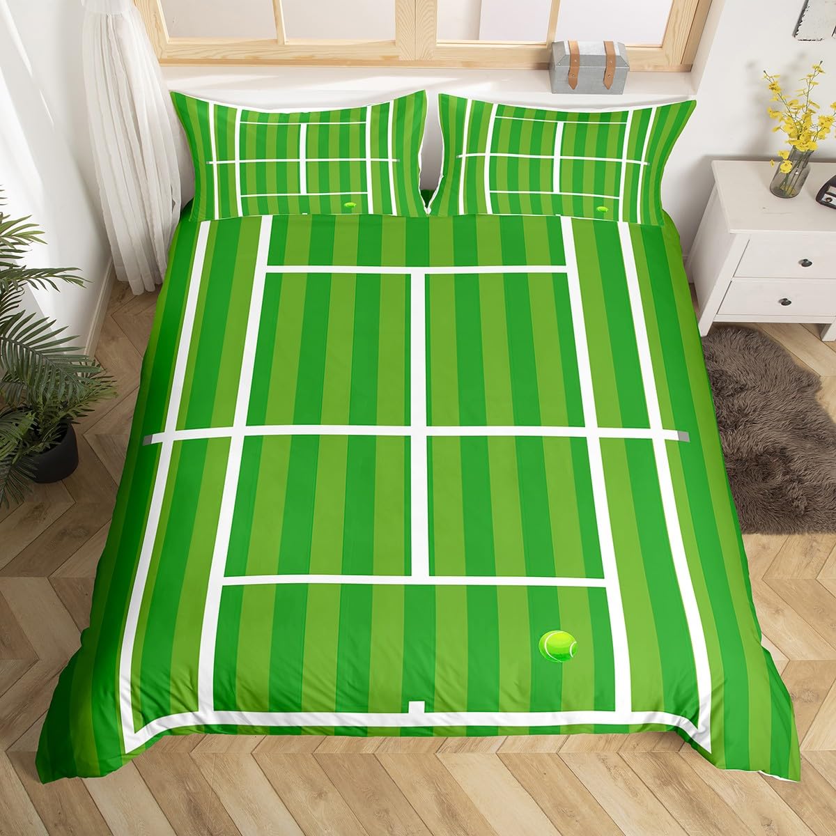 Filtration Facilities Unisex White Tenis Court Soft Duvet Cover Twin Quen,Tenis Competion Sports Game Graslplus Warm Comforter Cover Geometric Stripes Beding Set