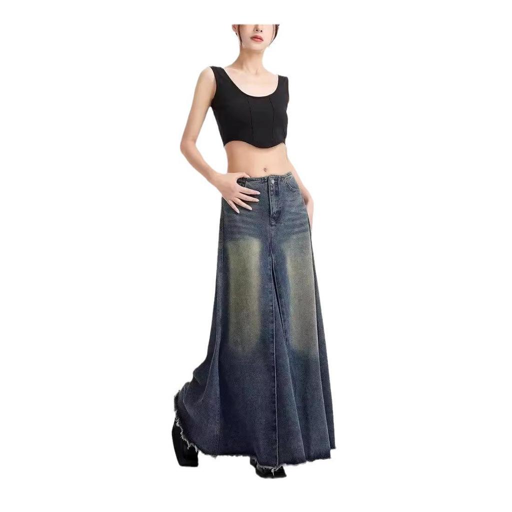 Women's Retro High-Waisted Denim A-Line Skirt - Summer, Washed Blue, Knee-Length