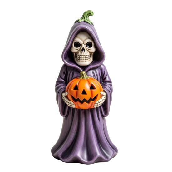 Halloween Skull Pumpkin Figurine Resin Skeleton Holding Pumpkin Statue Spooky Tabletop Ornaments for Indoor Home Decor