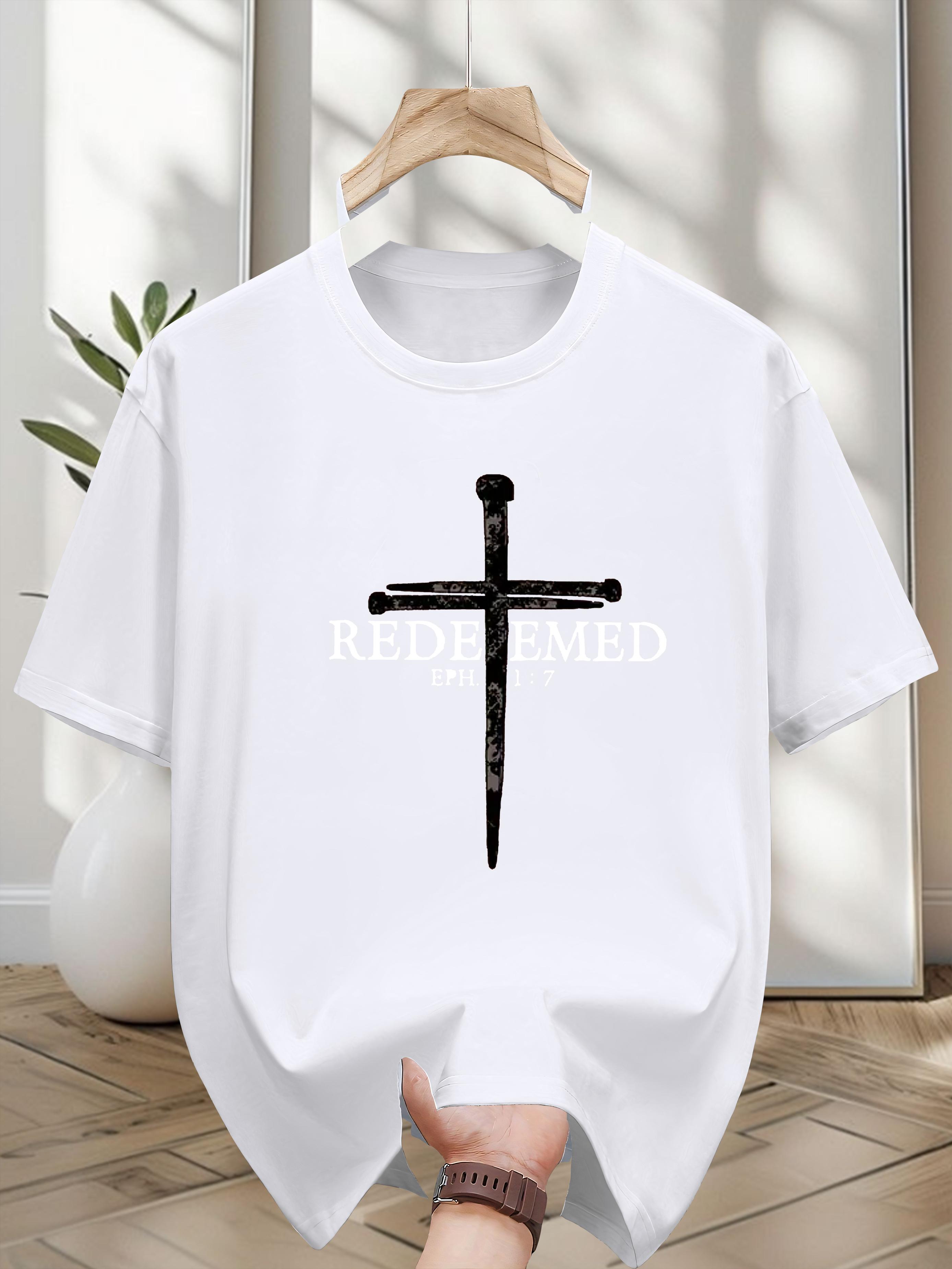

Niuwang Selection 200g 100% Cotton Short Sleeve T-shirt - Casual Regular Fit Geometric Cross & REDEEMED Graphic Print Tee XXXL