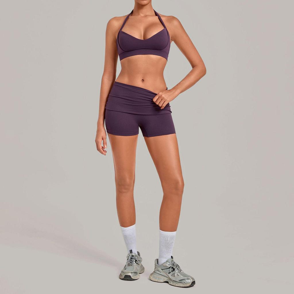 Women's Halter Backless Pleated Yoga Set - Tight Fit, Hip-Revealing Sportswear