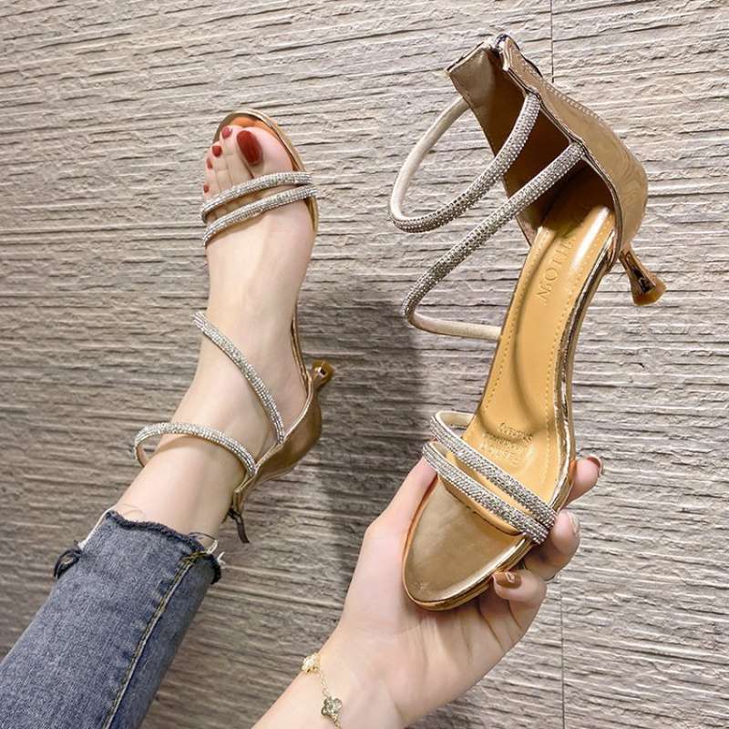 2025 new high-heeled sandals women's summer fashion outer wear leopard print word with rhinestone open-toed Roman sandals women's fine heels