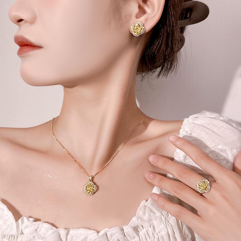 Jewelry Jewelry Set Ring Earrings Necklace Jewelry Treasure Yellow Clover Women's High Versatile Fashion