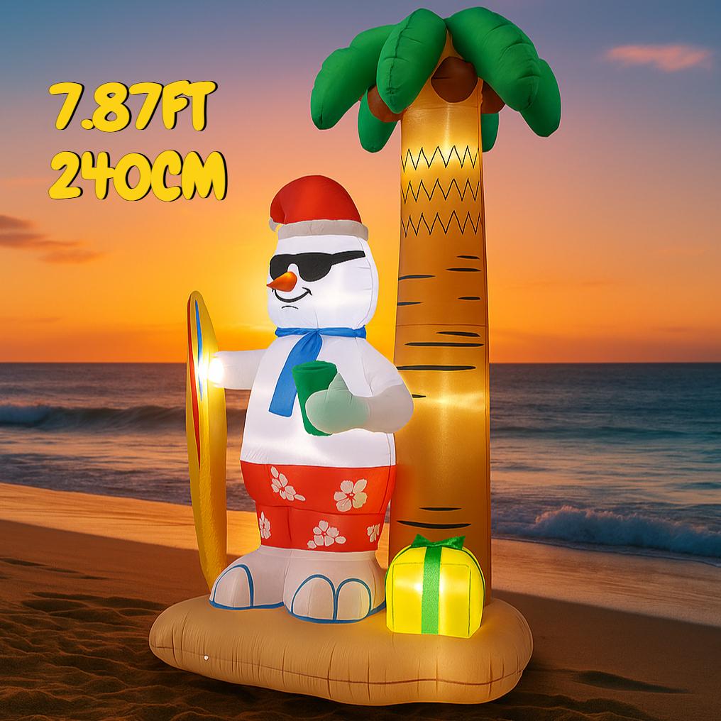 7.87FT Inflatable Beach Snowman Palm Tree Surfboard Toy Xmas Yard Decoration Festive Gift LED Lit Christmas Supplies Home Decor