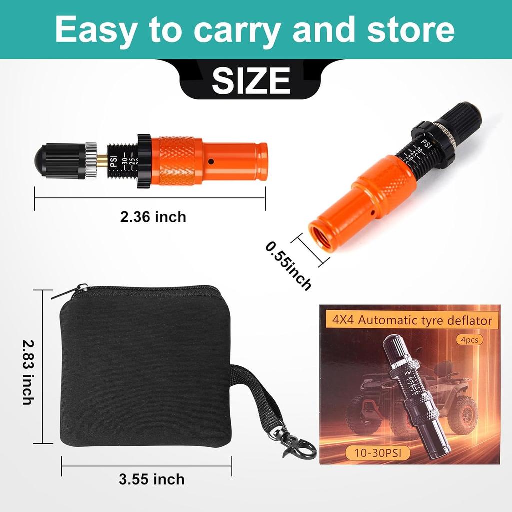 Adjustable Auto-Stop Tire Deflator Valve Kit (10-30 PSI) Tire Air Down Tool Offroad 4X4 Screw-On Automatic Tire Deflators. (4, Orange)