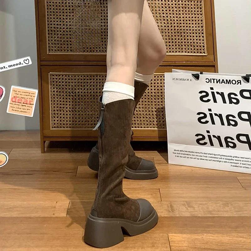 Fashion Thick Heel Women Knee High Boots Fashion Square Toe Shoes Winter Laides Concise Knight Long