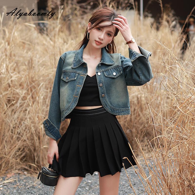 

Женская джинсовая куртка в корейском стиле, весна-осень, уличная одежда, отложной воротник, стильная короткая куртка, винтажная варёная джинса, базовая женская куртка XL