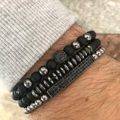 Black Matte Copper Inlaid Zirconium Diamond Ball Flying Saucer Long Bracelet Bracelet Set Wholesale Men's Woven Bracelet