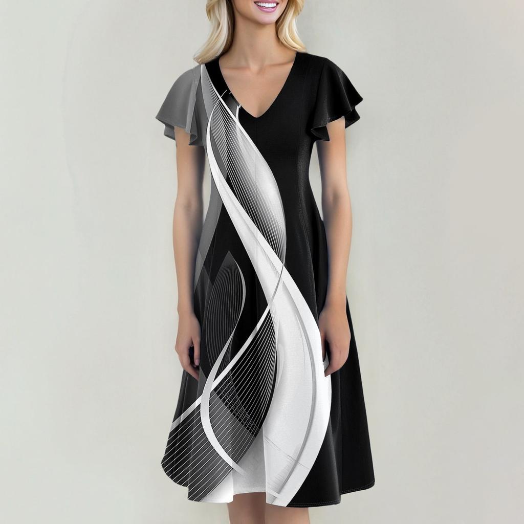 Women's Casual Fashion V-neck Short Sleeve Print Dress With Pockets