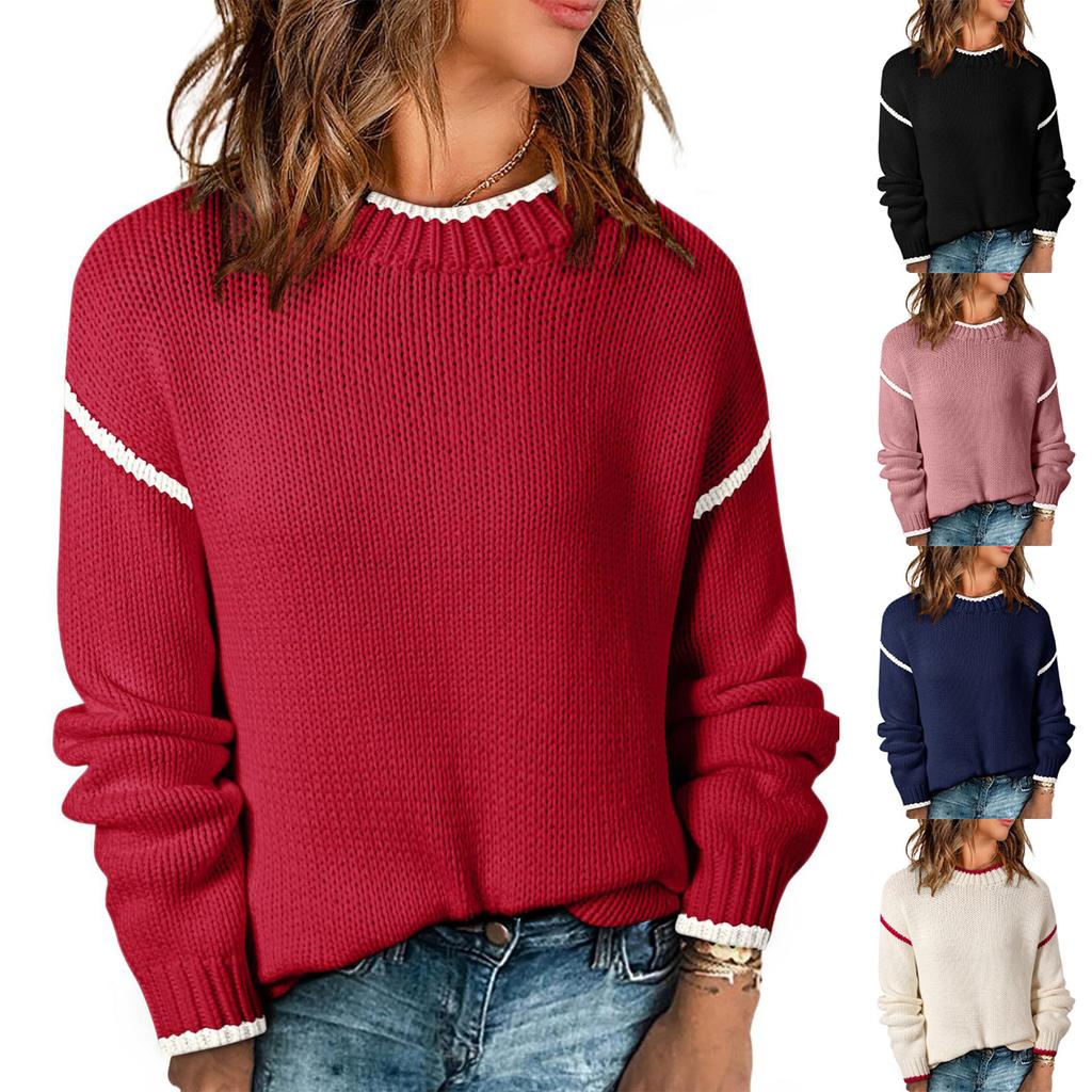 Women's Fashion Color Blocked Round Neck Long Sleeved Knitted Sweater Pullover Sweater Top