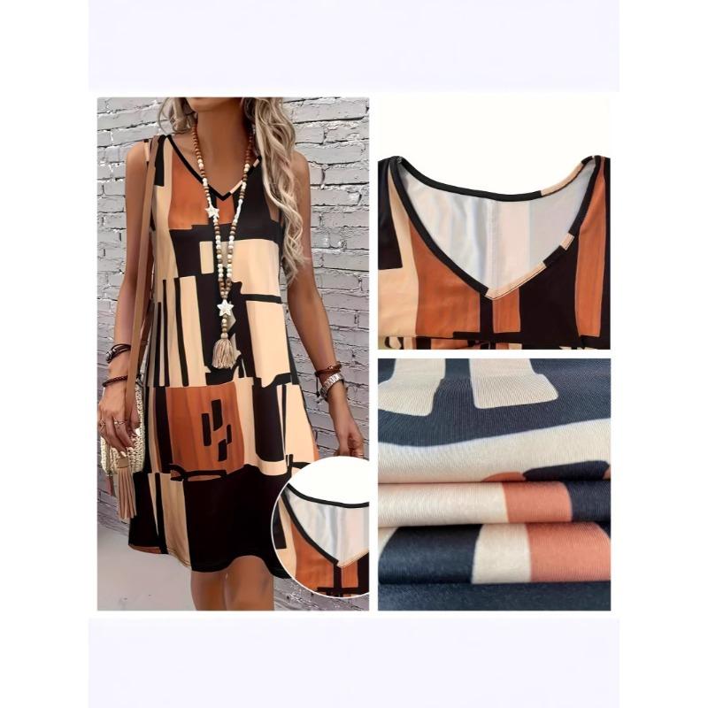 Kadın Gül Çiçeği Sahte İki Parça Geometrik Figür Baskılı Kolsuz Yuvarlak Yaka Elbise Bol Yumuşak ve Rahat Büyük Beden Elbise