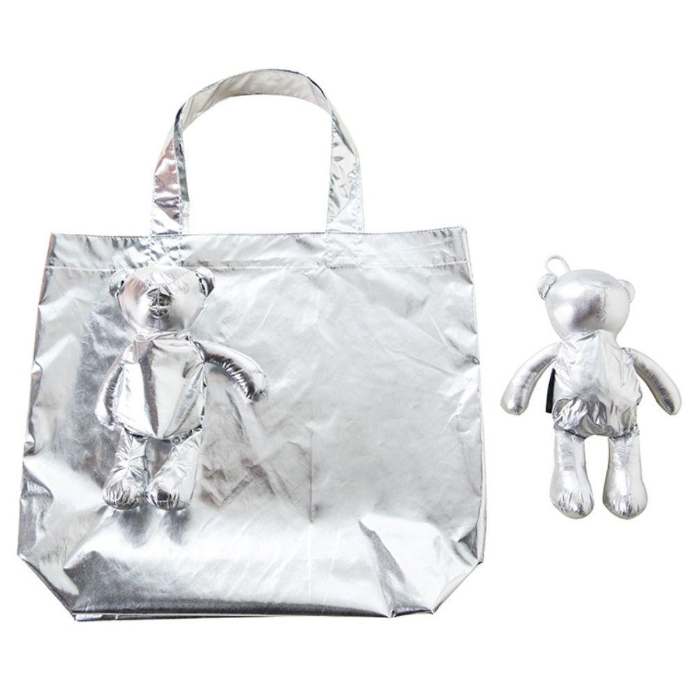 Cute Foldable Cartoon Bear Shopping Bag Reusable Waterproof Tote Bag Cotton Filling Large Capacity Grocery Bag