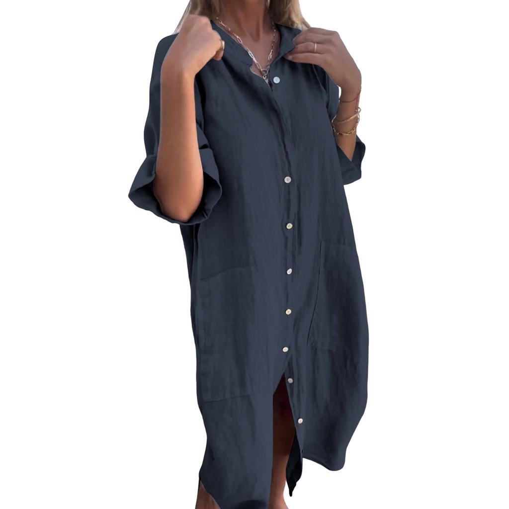 Women's Fashion Casual Button Cardigan Cotton And Linen Color Dress With Pockets