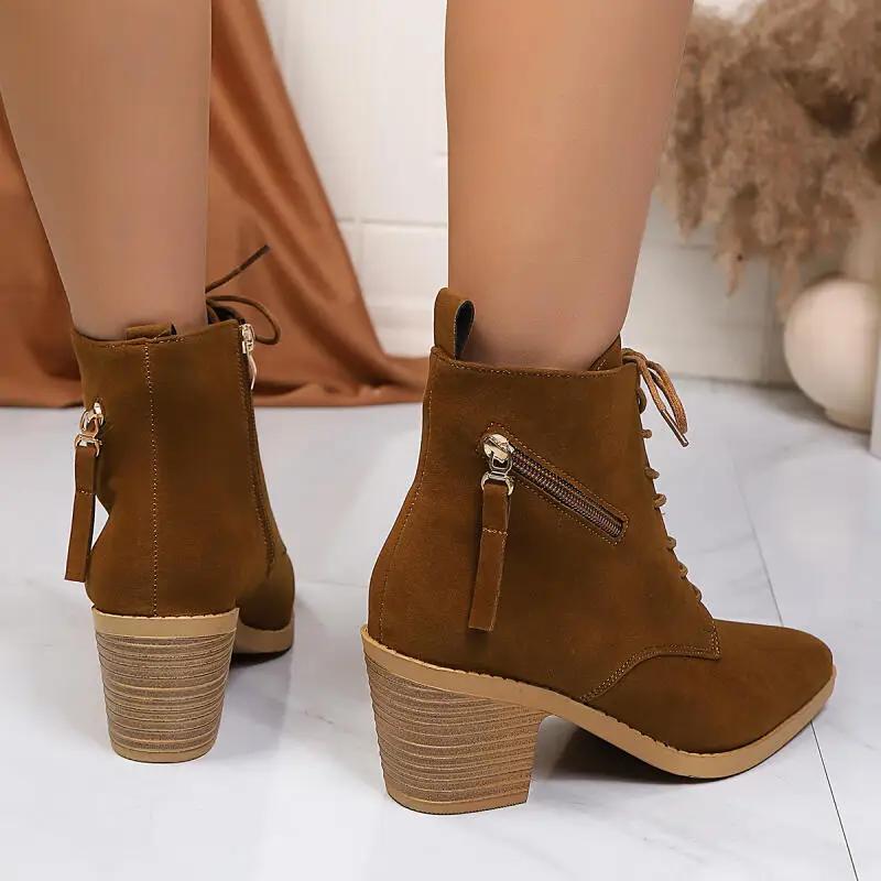 Designer Side Zip Lace Up Suede Ankle Boots Women Winter Vintage Thick High Heel Western Cowboy Boots Woman's Short Booties