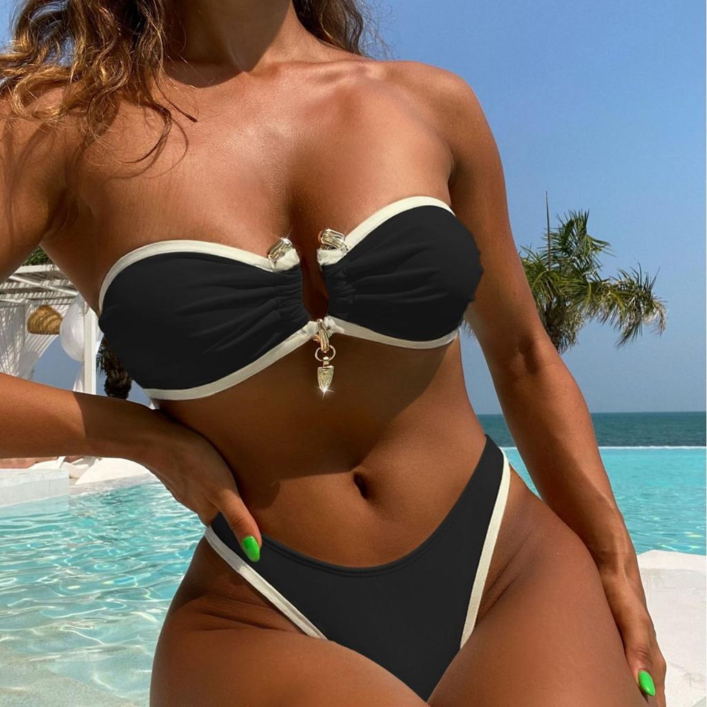 2025 European and American Style Fringed Color-blocking Strapless Swimsuit High-waisted Sexy Women's Bikini