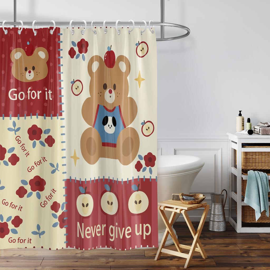 1Pc Cute Bear Printed Waterproof Shower Bathe Partition Privacy Hanging Curtain With 12 Hooks Multiple Size  Machine Washable