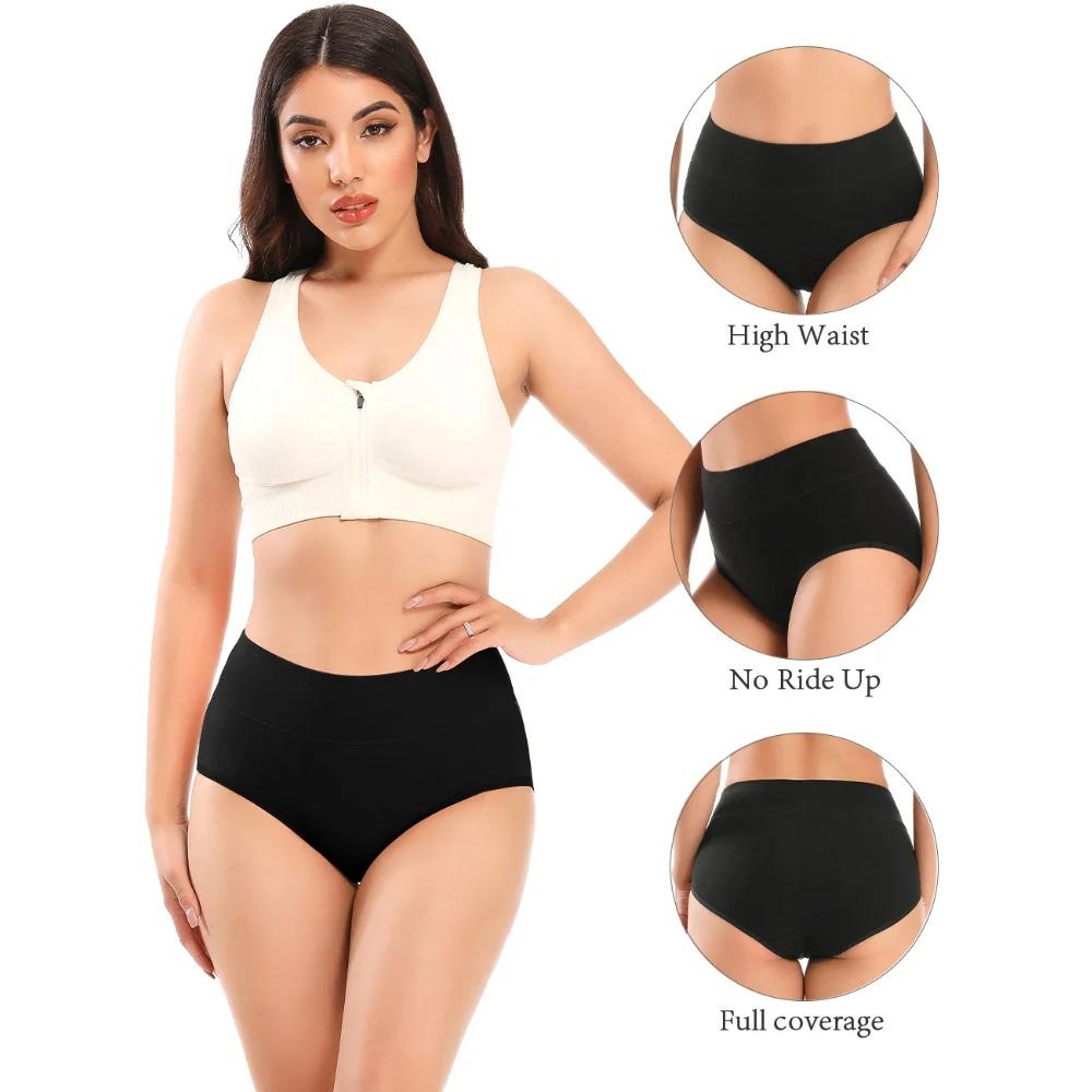 Women Soft Cotton Underwear Comfortable No Muffin Top Briefs Female High Rise Belly Control Panties Sets Black Plus Size