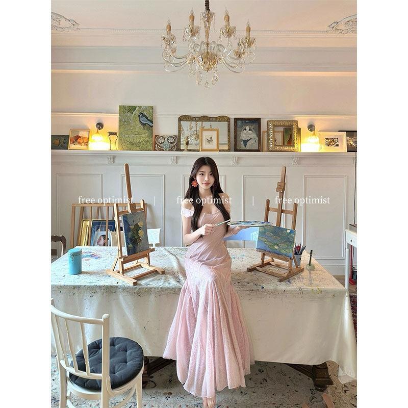 

Design Sense Spice Girl Light Pink Lace Printing Temperament Elegant Spring and Summer New U-Neck Sleeveless Dress Women S розовый
