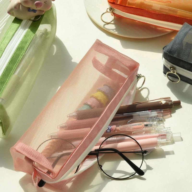 Cute Transparent Pencil for Case Mesh Makeup Storage Holder Pouch Solid Color for Travel Cosmetics Stationery Small Craf