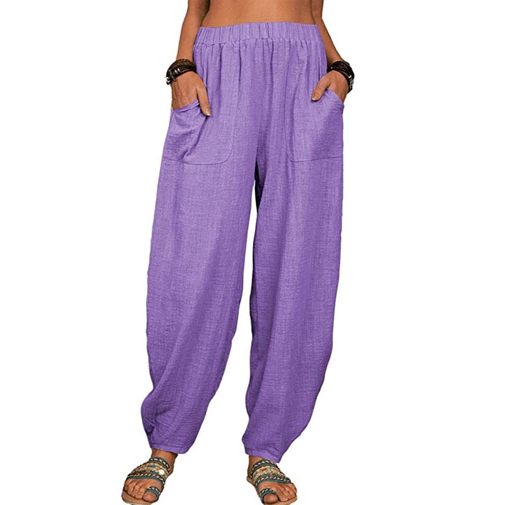 Women's High Waist Harem Pants Loose Fit Trousers Solid Cotton Casual Spring Elastic Waist Long Jogger Pants