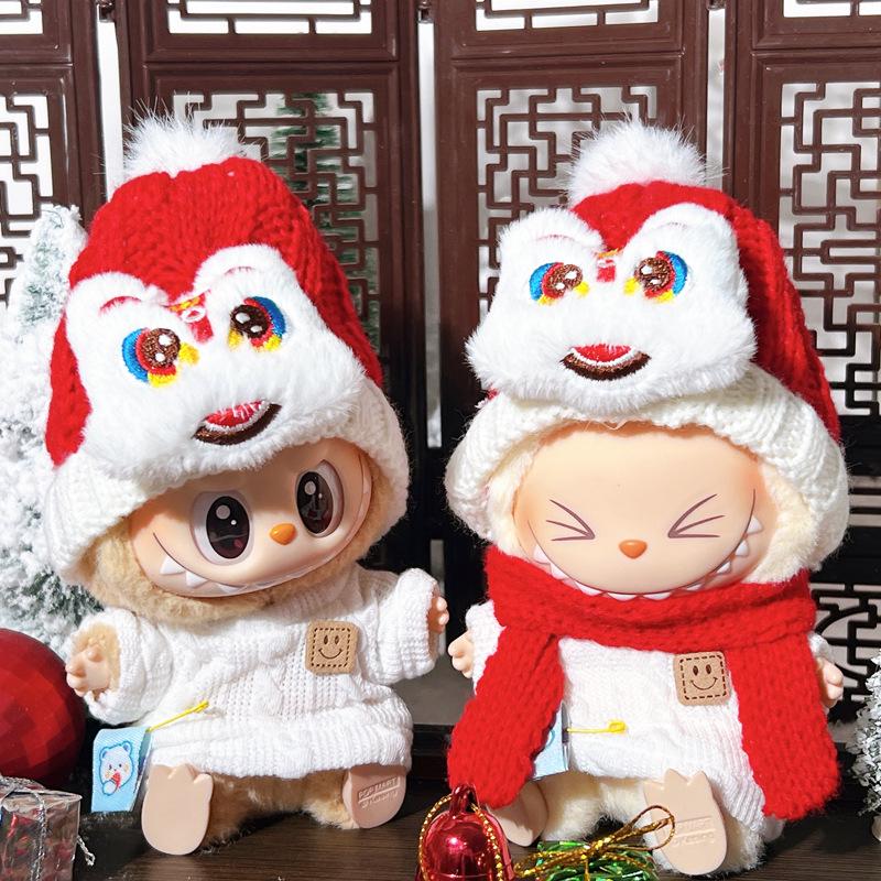 In Stock: Labubu Vinyl Doll with New Year Spring Festival Sweater  Scarf  and Hat (First and Second Generation)